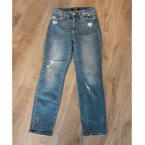 Judy Blue Rainbow Accent Distressed Straight Jeans size 1 or 25 GUC Stretch